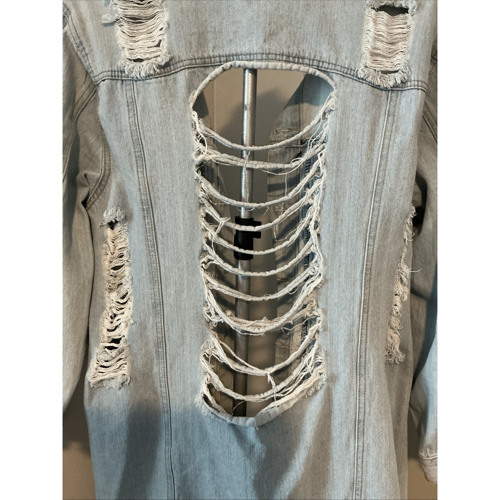 Thrill Jeans Long Denim Acid Washed Jacket Distressed Destroyed Frayed Button 2X - Picture 6 of 13